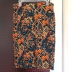 LuLaRoe orange/green, Ribbed Cassie Pencil Skirt. Size M.